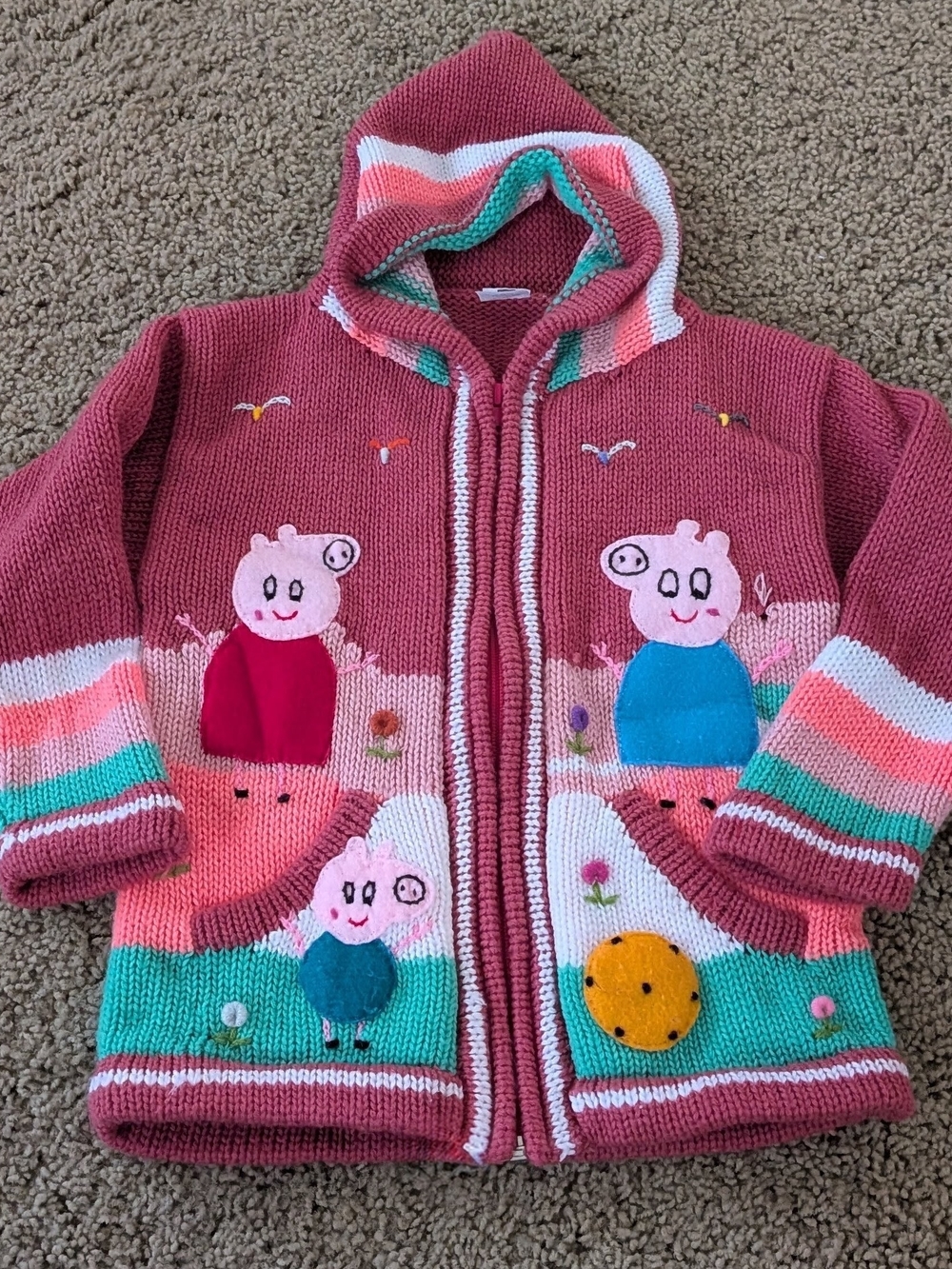 Vintage Peppa Pig Hand Knit Peruvian Cardigan Hoodie